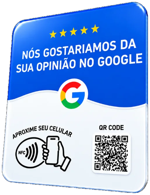 Placa de mesa azul de avaliação no Google com NFC e QR Code